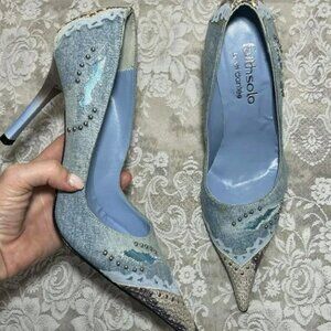 blue denim pointed toe retro courts shoes